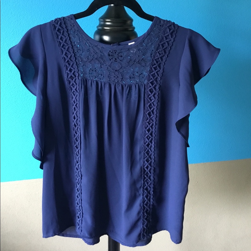 Navy Blue Blouse With Lace Detail
